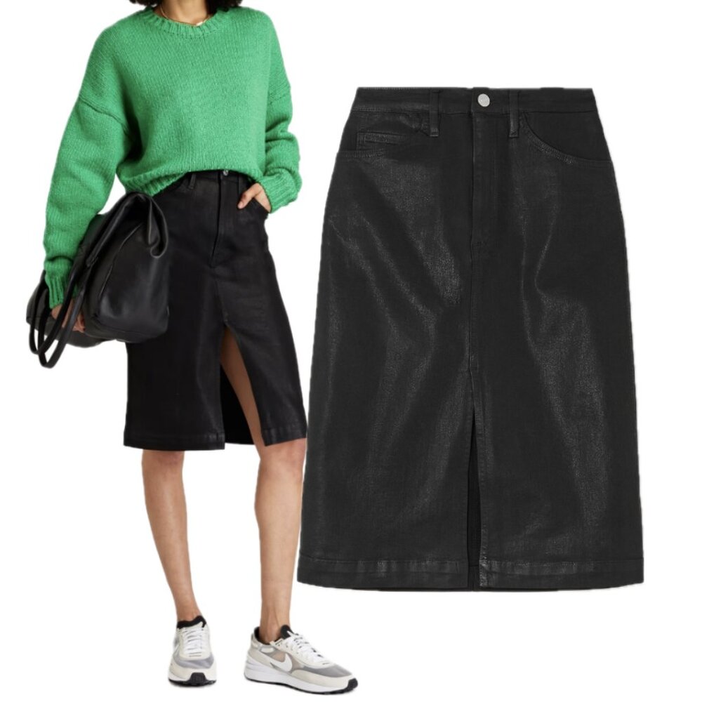 FRAME Coated Cotton-Blwns Split-Hem Midi Skirt (Noir Coated Black) - Picture 1 of 16